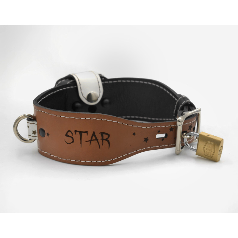 Premium Leather Shock Collar, Star Engraved Beautiful Handmade Estim Collar, Lockable BDSM Collar